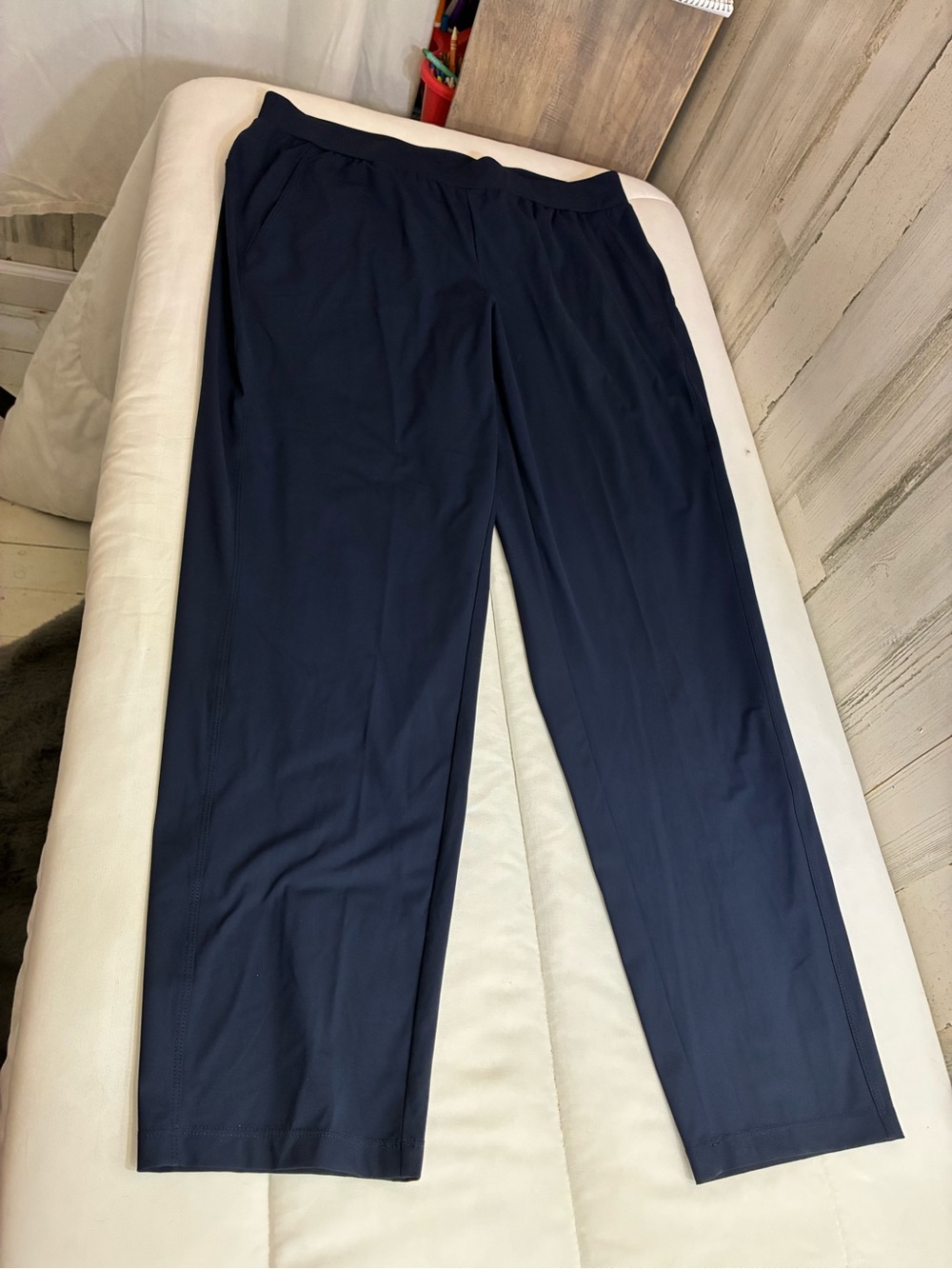 STYLUS Navy Elastic-Waist Straight Leg dressy silky Pants Sz L